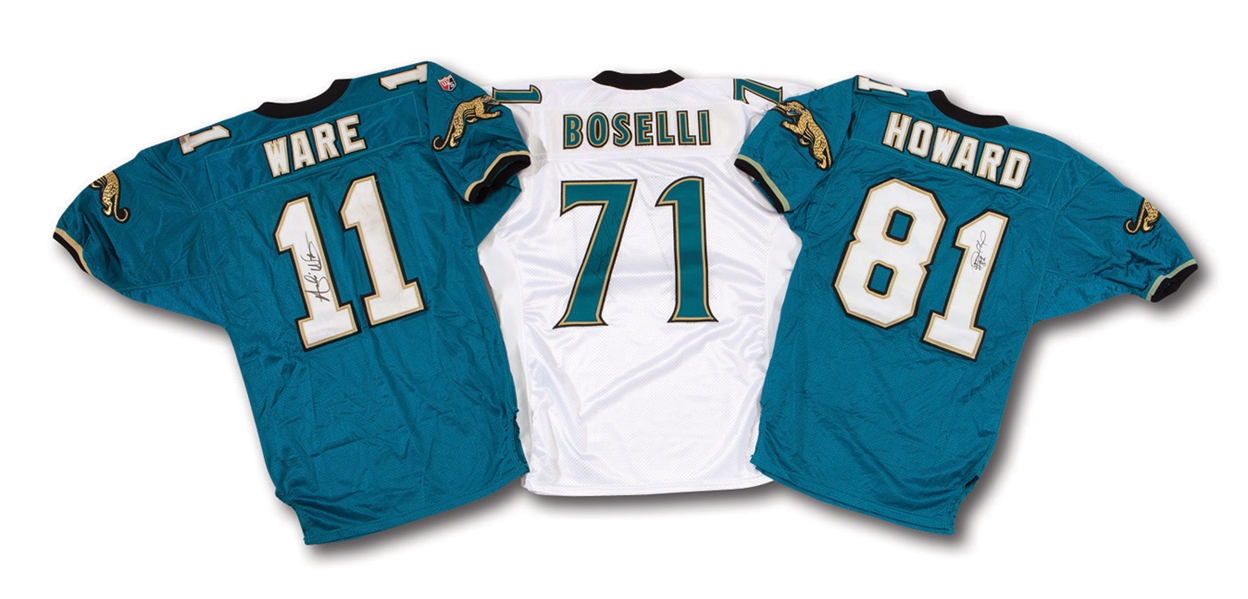 JACKSONVILLE JAGUARS GAME WORN & SIGNED PAIR OF 1995 DESMOND HOWARD & ANDRE WARE INAUGURAL SEASON JERSEYS PLUS 1998 TONY BOSELLI GAME ISSUED & SIGNED JERSEY (NSM COLLECTION)