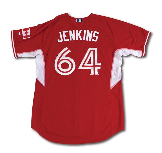 8/10/2014 CHAD JENKINS TORONTO BLUE JAYS GAME WORN CANADA DAY JERSEY - WINNING PITCHER IN LONGEST GAME (19 INN.) IN TEAM HISTORY (MLB AUTH.)