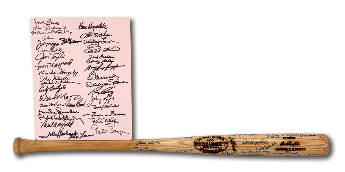 EARLY 1990S DON DRYSDALE HALL OF FAME GOLF CLASSIC MULTI SIGNED BAT AND POSTER BOARD PAIR WITH DOZENS OF HOF SIGNATURES (DRYSDALE COLLECTION)