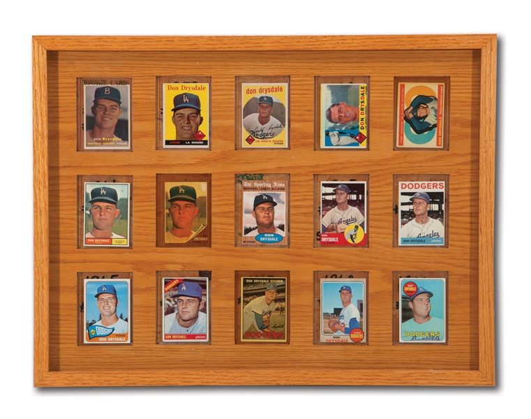DON DRYSDALES FRAMED DISPLAY OF HIS 1957-69 TOPPS REGULAR ISSUE BASEBALL CARDS (DRYSDALE COLLECTION)