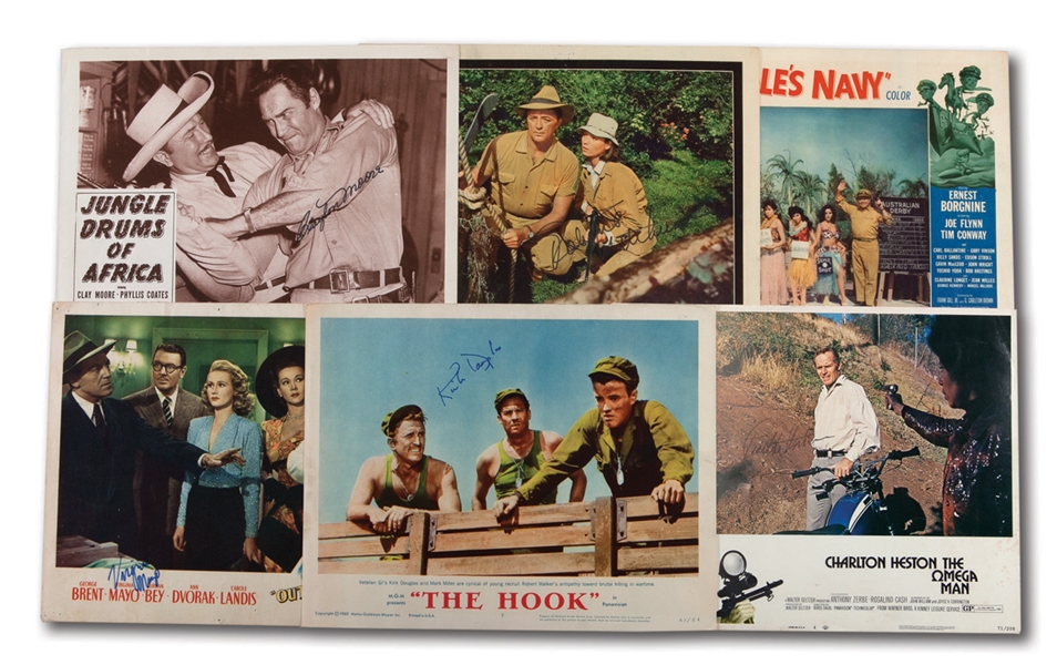 COLLECTION OF 6 MOVIE LOBBY CARDS (5 SIGNED- KIRK DOUGLAS, ROBERT MITCHUM, ERNEST BORGNINE, CLAYTON MOORE, AND VIRGINIA MAYO