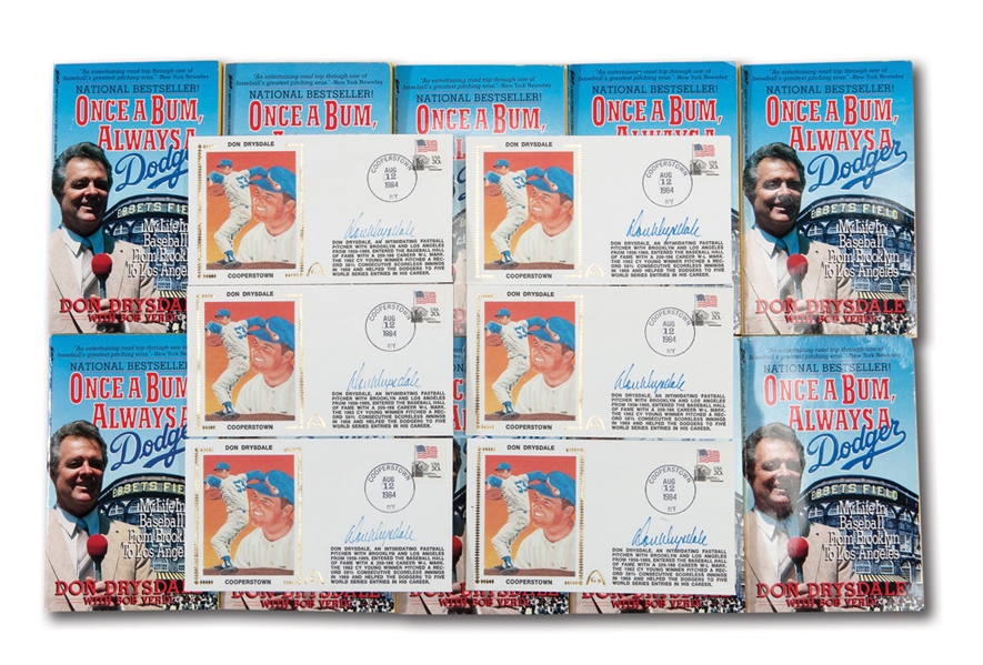 DON DRYSDALES SIGNED GROUP OF (6) HALL OF FAME FIRST DAY COVERS AND (10) PAPERBACK COPIES OF HIS BOOK "ONCE A BUM, ALWAYS A DODGER" (DRYSDALE COLLECTION)