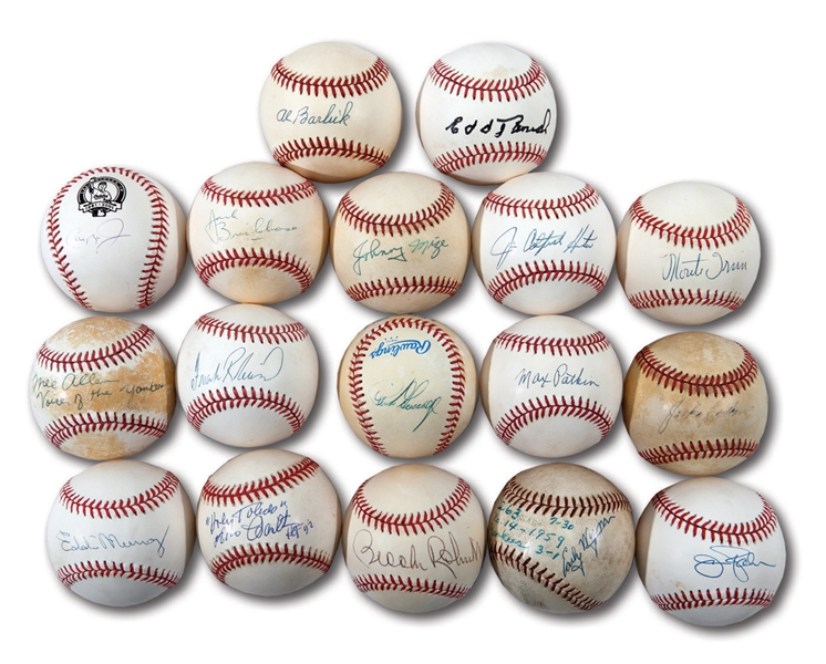 HALL OF FAME SINGLE SIGNED BASEBALL LOT OF 16 PLUS A MAX PATKIN SINGLE SIGNED BALL (NSM COLLECTION)