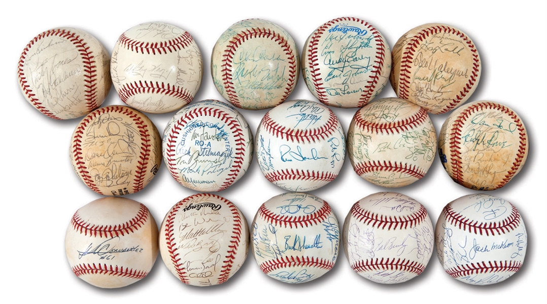1970S THROUGH 1990S GROUP OF 11 TEAM SIGNED BASEBALLS INC. WORLD SERIES CHAMPIONS (NSM COLLECTION)