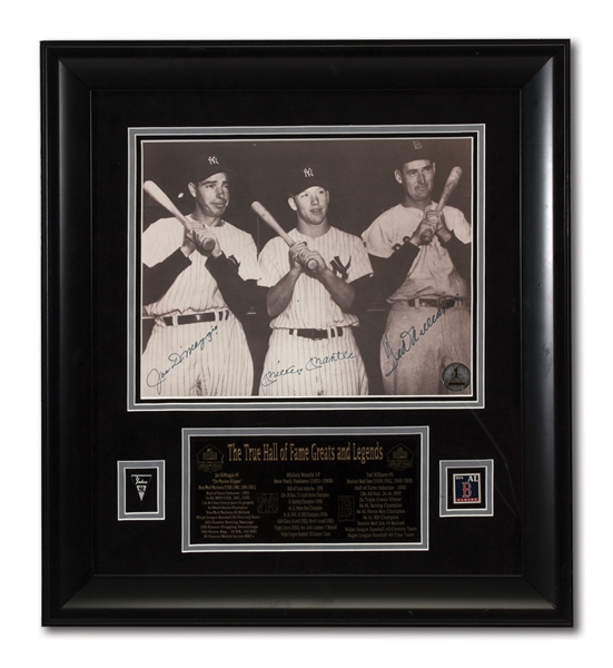 MICKEY MANTLE, JOE DIMAGGIO & TED WILLIAMS TRIPLE SIGNED BLACK & WHITE PHOTO IN FRAMED DISPLAY