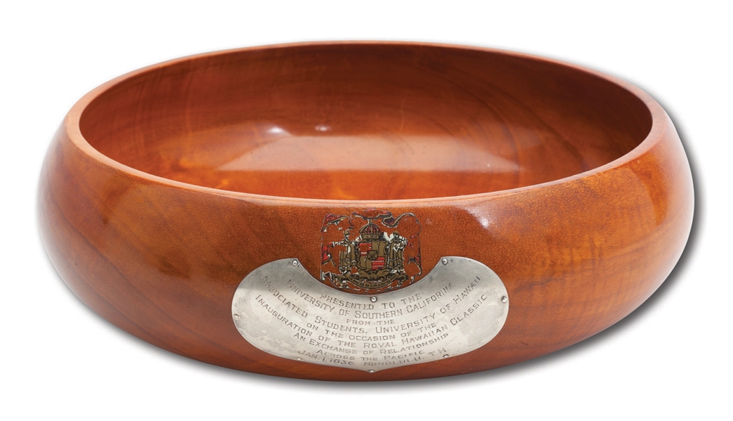JAN. 1, 1936 POI BOWL TROPHY PRESENTED TO USC TROJANS FOR 38-6 WIN OVER HAWAII RAINBOWS - SOURCED FROM USC CAPTAIN GIL KUHN