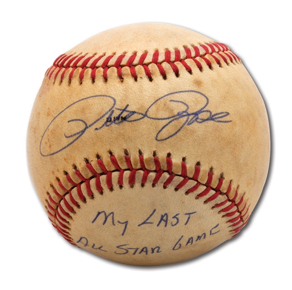 PETE ROSE JULY 16, 1985 ALL-STAR GAME USED BASEBALL SIGNED & INSCRIBED "MY LAST ALL STAR GAME"