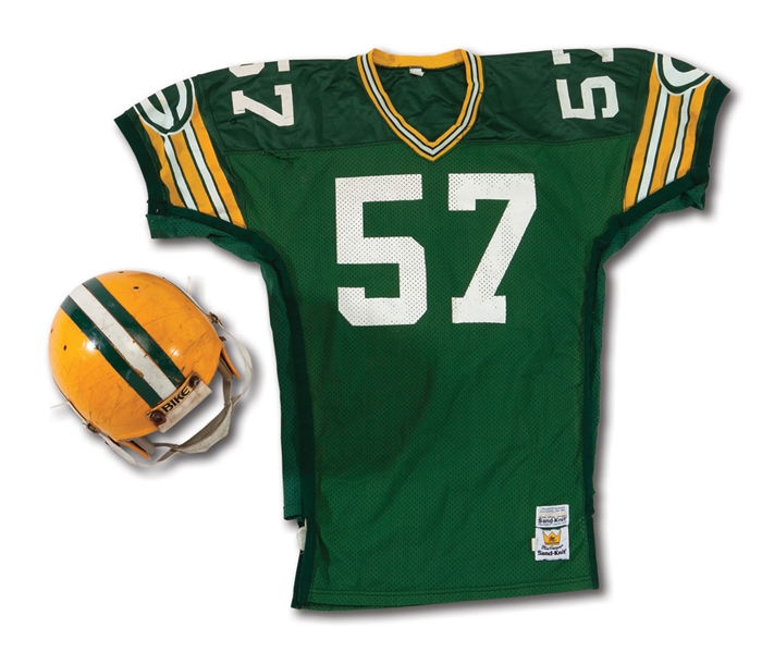 CIRCA 1988 RICH MORAN GREEN BAY PACKERS GAME WORN HOME JERSEY AND HELMET
