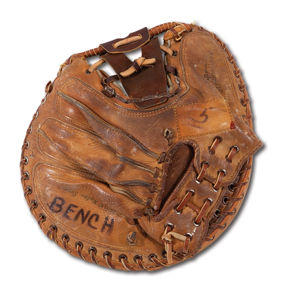 CIRCA 1970S JOHNNY BENCH SIGNED & INSCRIBED RAWLINGS GAME USED CATCHERS MITT - RESTORED POST CAREER (BENCH COA)
