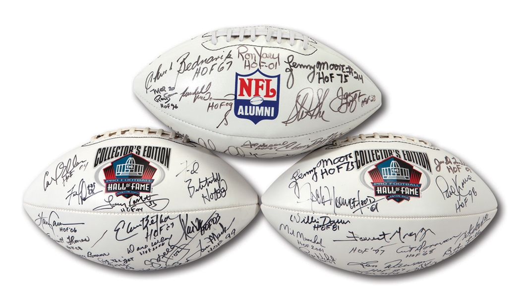 PRO FOOTBALL HALL OF FAME TRIO OF MULTI SIGNED FOOTBALLS (NSM COLLECTION)