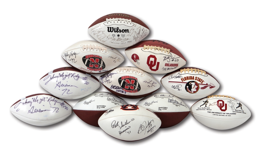 HEISMAN WINNERS LOT OF (11) SINGLE & MULTI SIGNED FOOTBALLS W/ SEVERAL ALMA MATER THEMED GROUPINGS (NSM COLLECTION)