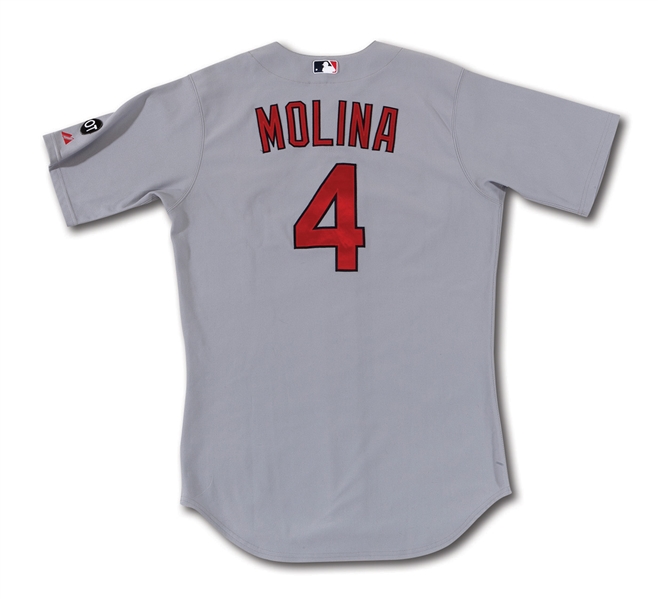2015 YADIER MOLINA AUTOGRAPHED ST. LOUIS CARDINALS GAME WORN ROAD JERSEY (MLB AUTH.)
