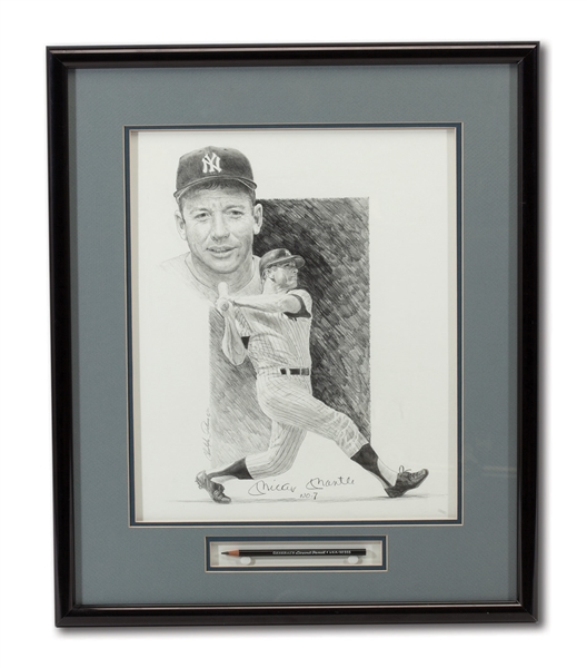 MICKEY MANTLE AUTOGRAPHED CHRISTOPHER PALUSO ORIGINAL (1/1) ARTWORK FRAMED WITH PENCIL MANTLE USED TO SIGN