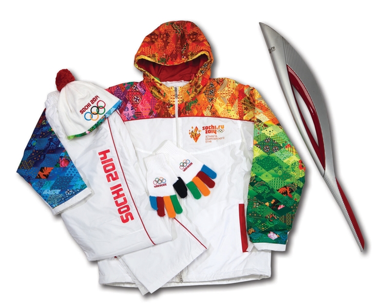 2014 SOCHI WINTER OLYMPIC GAMES USED TORCH WITH RUNNERS OFFICIAL RELAY DIPLOMA AND FULL RELAY WORN UNIFORM