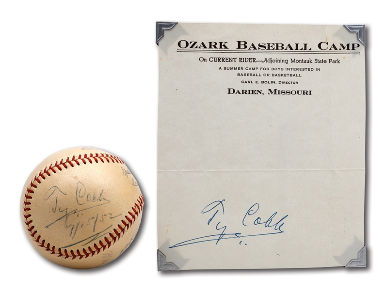 7/15/1952 TY COBB SIGNED & INSCRIBED BASEBALL (PLUS 5 OTHER SIGS.) AND SIGNED OZARK BASEBALL CAMP STATIONARY WITH EXCELLENT PROVENANCE