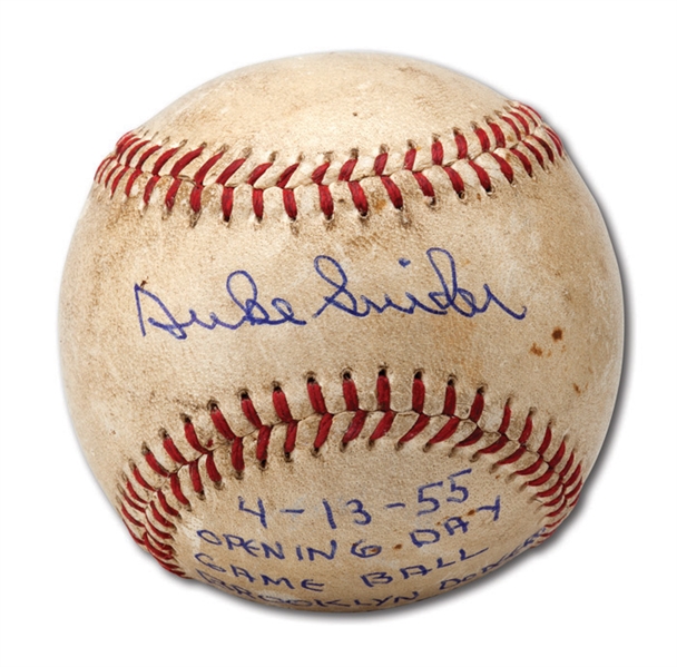 4/13/1955 OPENING DAY AT EBBETS FIELD GAME USED BASEBALL SIGNED AND INSCRIBED BY DUKE SNIDER
