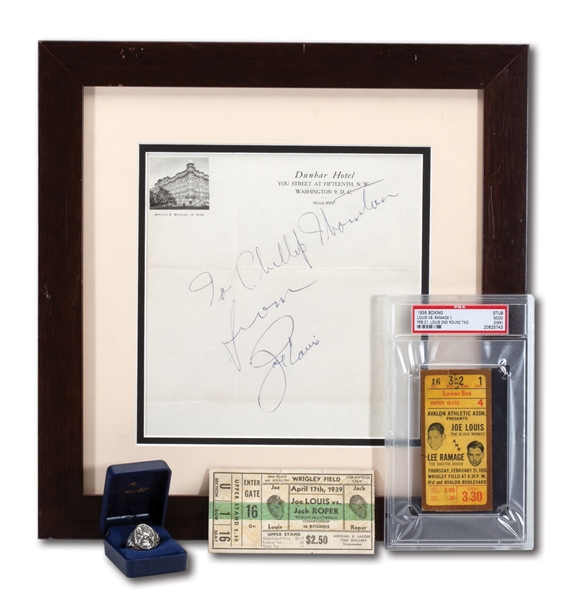 JOE LOUIS GROUP OF (4) ITEMS INCL. SIGNED HOTEL STATIONARY, 1940S SILVER RING, AND PAIR OF 1930S TICKET STUBS WITH HIS IMAGE