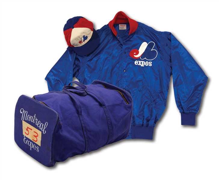 DON DRYSDALES EARLY 1970S MONTREAL EXPOS COACHS WORN SATIN WARM UP JACKET & CAP PAIR WITH TEAM USED EQUIPMENT BAG (DRYSDALE COLLECTION)