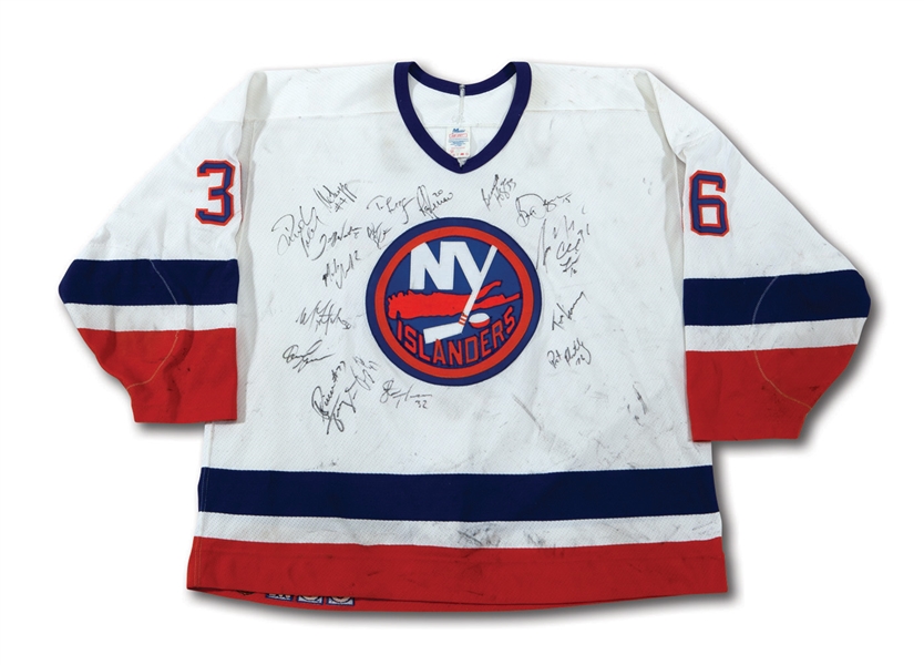 1990-91 GARY NYLUND NEW YORK ISLANDERS GAME WORN JERSEY SIGNED BY 19 TEAM MEMBERS (NSM COLLECTION)