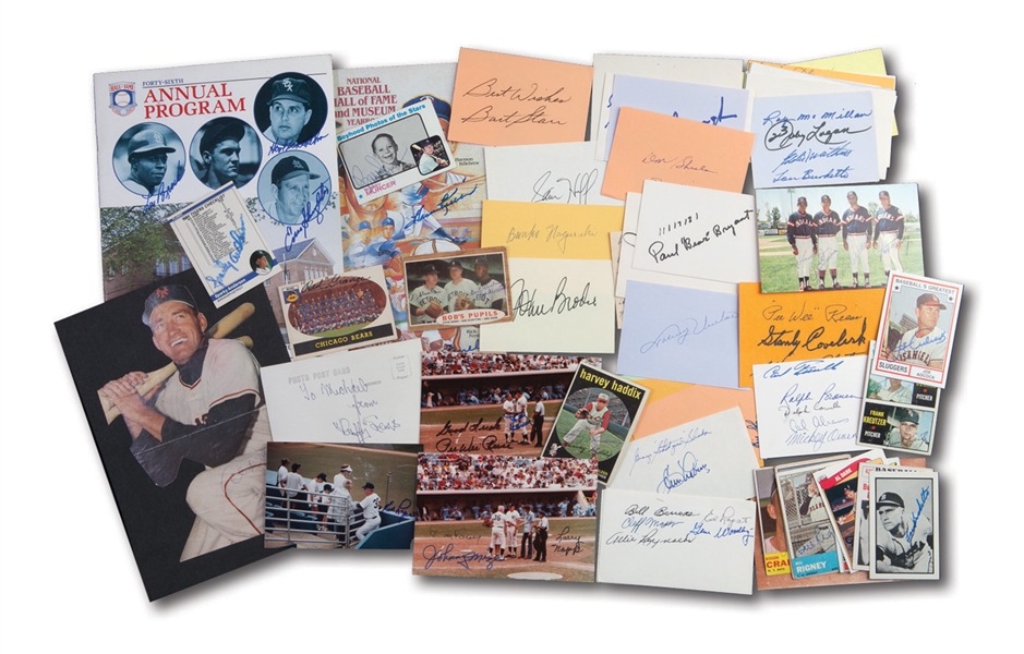 COLLECTION OF OVER 125 BASEBALL AND FOOTBALL AUTOGRAPHS - CARDS, 3 X 5, PHOTOS, ETC. WITH MANY HALL OF FAMERS