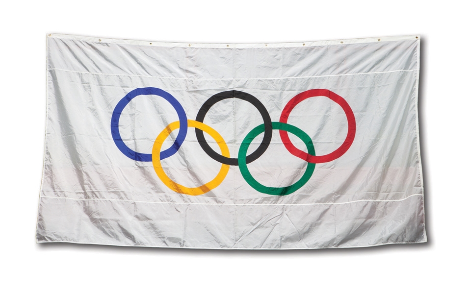 1984 LOS ANGELES SUMMER GAMES 9 X 6 FOOT OLYMPIC RINGS FLAG (NSM COLLECTION)