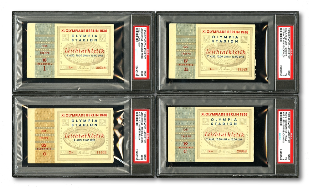 1936 BERLIN SUMMER OLYMPIC GAMES LOT OF (4) TICKET STUBS TO JESSE OWENS EVENTS INCL. TWO GOLD MEDALS - ALL GRADED PSA GD 2 - VG 3