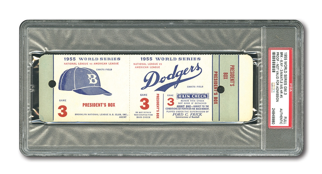 1955 WORLD SERIES (BROOKLYN DODGERS VS. NEW YORK YANKEES) GAME 3 PRESIDENTS BOX FULL PROOF TICKET (PSA AUTHENTIC)