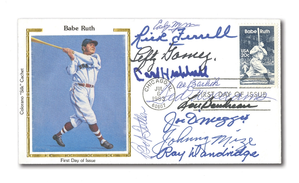 7/6/1983 BABE RUTH STAMP FIRST DAY COVER SIGNED BY 11 HALL OF FAMERS INC. JOE DIMAGGIO & TED WILLIAMS
