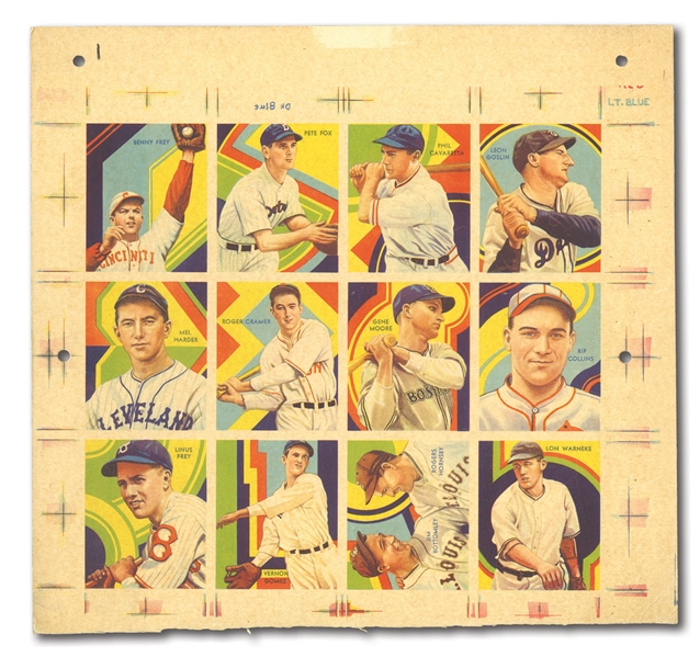 1936 R327 DIAMOND STARS ONE-OF-A-KIND UNCUT SHEET OF THE 12 NEVER ISSUED HIGH NUMBERS WITH HORNSBY/BOTTOMLEY, GOMEZ, AND GOSLIN