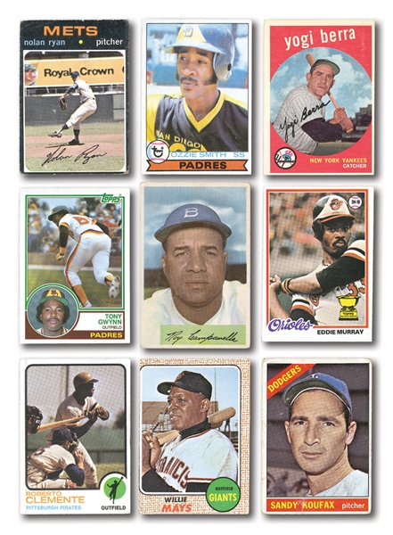 1950S THROUGH 1980S TOPPS, BOWMAN, AND FLEER BASEBALL CARD LOT OF OVER 50 - LOADED WITH HALL OF FAMERS AND STARS