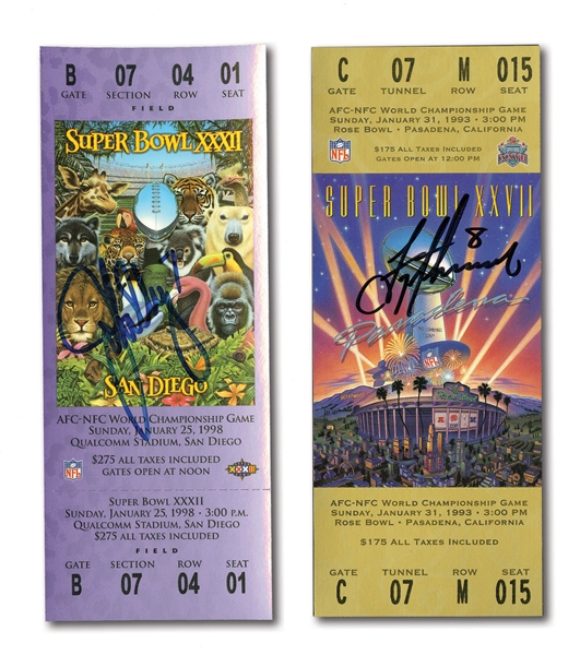 1993 SUPER BOWL XXVII FULL UNUSED TICKET SIGNED BY MVP TROY AIKMAN AND 1998 SUPER BOWL XXXII  FULL UNUSED TICKET SIGNED BY MVP JOHN ELWAY