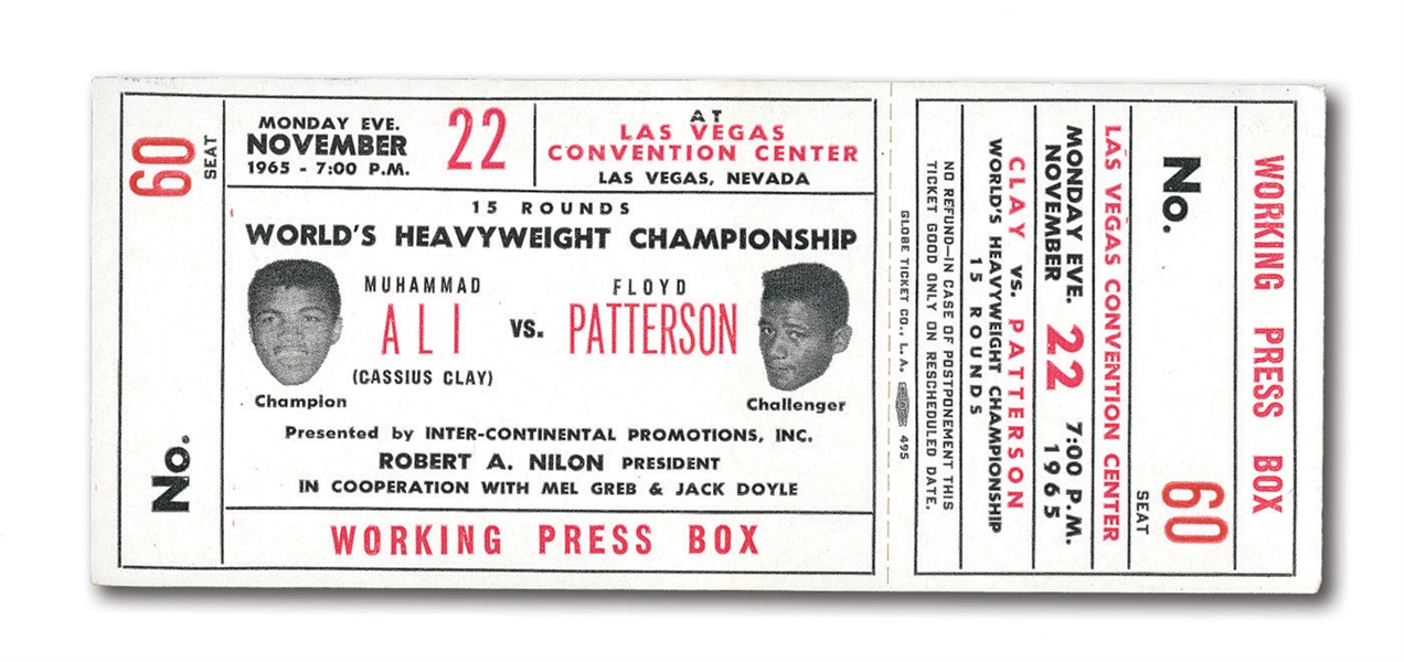 NOVEMBER 22, 1965 MUHAMMAD ALI VS. FLOYD PATTERSON WORLD HEAVYWEIGHT CHAMPIONSHIP FIGHT WORKING PRESS BOX FULL TICKET