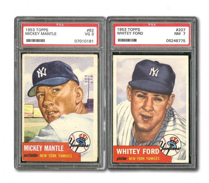 1953 TOPPS #82 MICKEY MANTLE VG PSA 3 AND 1953 TOPPS #207 WHITEY FORD NM PSA 7