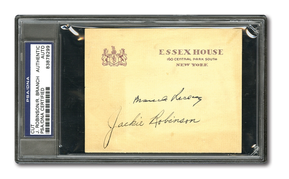 RARE JACKIE ROBINSON AND BRANCH RICKEY DUAL SIGNED ESSEX HOUSE HOTEL STATIONARY PSA/DNA AUTHENTIC