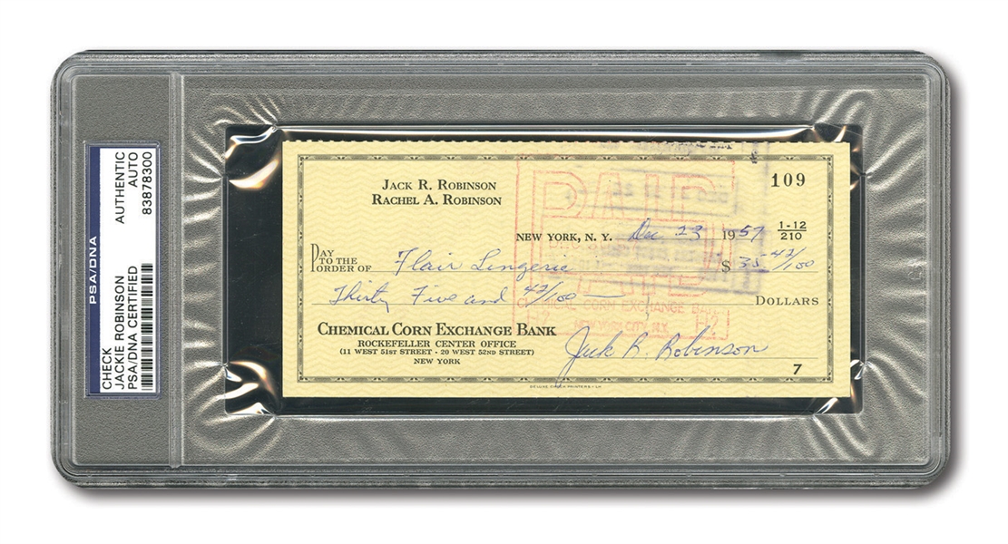 1957 JACKIE ROBINSON SIGNED PERSONAL BANK CHECK PSA/DNA AUTHENTIC