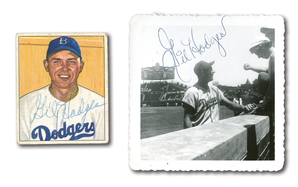 GIL HODGES AUTOGRAPHED PAIR OF 1950 BOWMAN #112 CARD AND 3" X 3" BLACK & WHITE SNAPSHOT