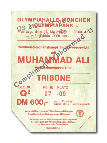 MAY 24, 1976 MUHAMMAD ALI VS. RICHARD DUNN COMPLIMENTARY TICKET FOR U.S. MILITARY