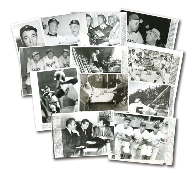 TYPE I WIRE PHOTO LOT OF 16 FEATURING RUTH, MANTLE, DIMAGGIO, KOUFAX, MAYS, BERRA, ETC.