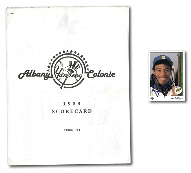 KEN GRIFFEY JR. SIGNED 1989 UPPER DECK ROOKIE CARD AND 1988 VERMONT MARINERS TEAM SIGNED SCORECARD W/ PRE-ROOKIE AUTOGRAPH 