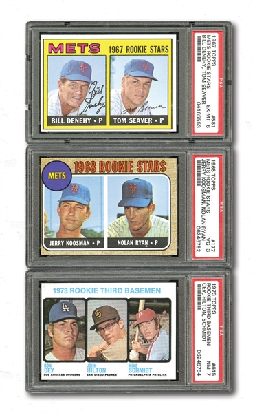1967 TOPPS #581 TOM SEAVER, 1968 TOPPS #177 NOLAN RYAN, AND 1973 TOPPS #615 MIKE SCHMIDT LOT OF 3 PSA GRADED ROOKIE CARDS