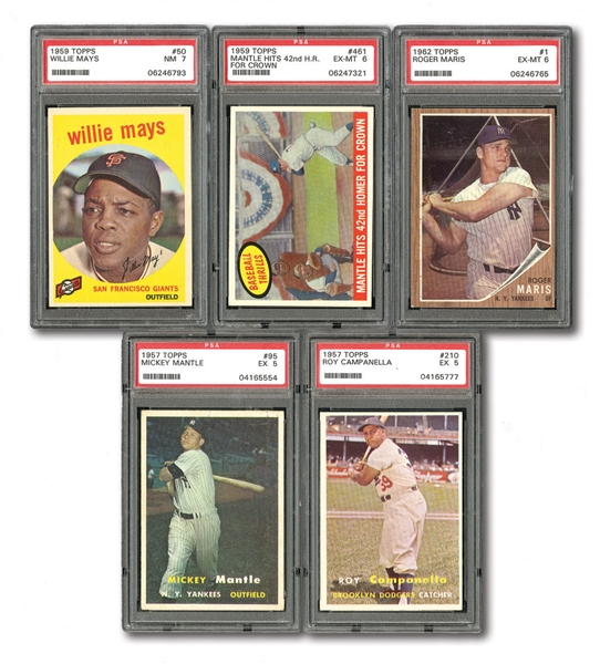 1957-1962 TOPPS PSA GRADED HALL OF FAME AND STAR LOT OF 5
