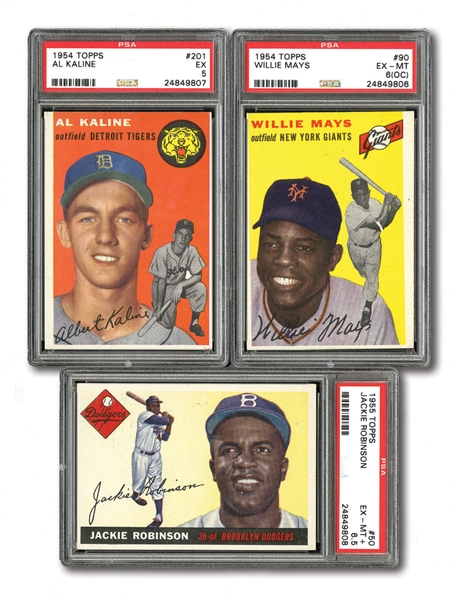 1954 TOPPS #201 ROOKIE KALINE EX PSA 5, 1955 TOPPS #50 JACKIE ROBINSON EX-MT+ PSA 6.5 AND 1954 TOPPS #90 WILLIE MAYS EX-MT+ PSA 6.5