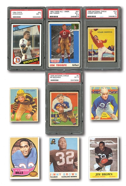 FOOTBALL HALL OF FAME AND STAR LOT OF 9 INC. 4 1935 NATIONAL CHICLE CARDS AND 1955 TOPPS ALL-AMERICAN JIM THORPE