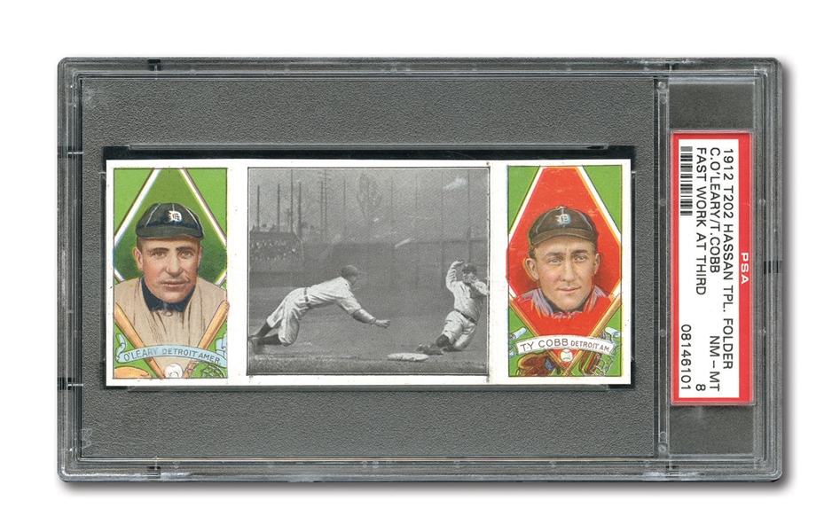 1912 T202 HASSAN TRIPLE FOLDER "FAST WORK AT THIRD" TY COBB/OLEARY NM-MT PSA 8 (1/7)