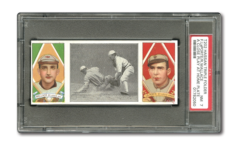 1912 T202 HASSAN TRIPLE FOLDER "A CLOSE PLAY AT HOME PLATE" BOBBY WALLACE/PORTER NM PSA 7