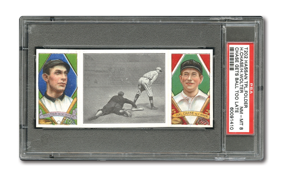 1912 T202 HASSAN TRIPLE FOLDER "CHASE GETS BALL TOO LATE" HAL CHASE/WOLTER NM-MT PSA 8 (1/2)