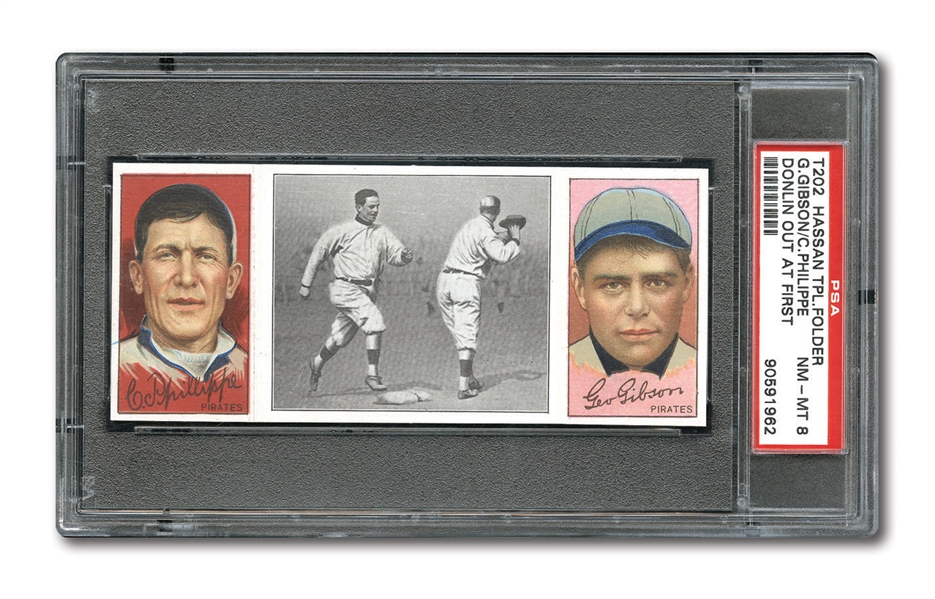 1912 T202 HASSAN TRIPLE FOLDER "DONLIN OUT AT FIRST" GIBSON/PHILIPPE NM-MT PSA 8 (1/5)