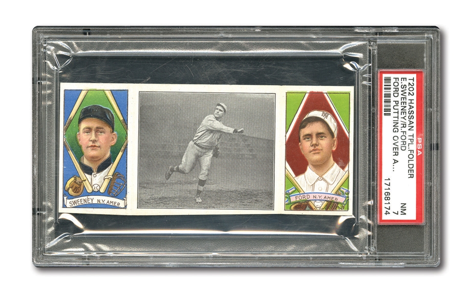 1912 T202 HASSAN TRIPLE FOLDER "FORD PUTTING OVER A SPITTER" SWEENEY/FORD NM PSA 7