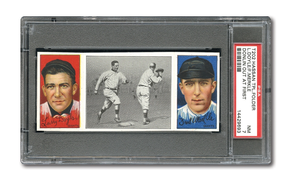 1912 T202 HASSAN TRIPLE FOLDER "DONLIN OUT AT FIRST" DOYLE/MERKLE NM PSA 7