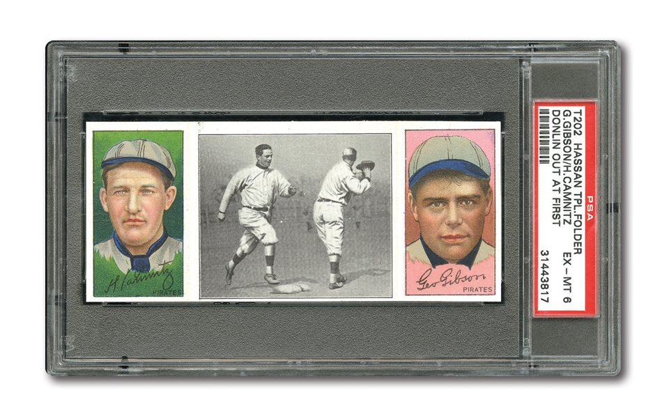 1912 T202 HASSAN TRIPLE FOLDER "DONLIN OUT AT FIRST" GIBSON/CAMNITZ EX-MT PSA 6
